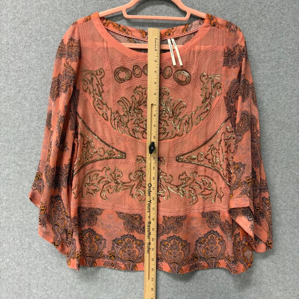 Anthropologie Ignacia Sheer Sequined Blouse Coral Gold Boho Top Women S - Picture 5 of 9